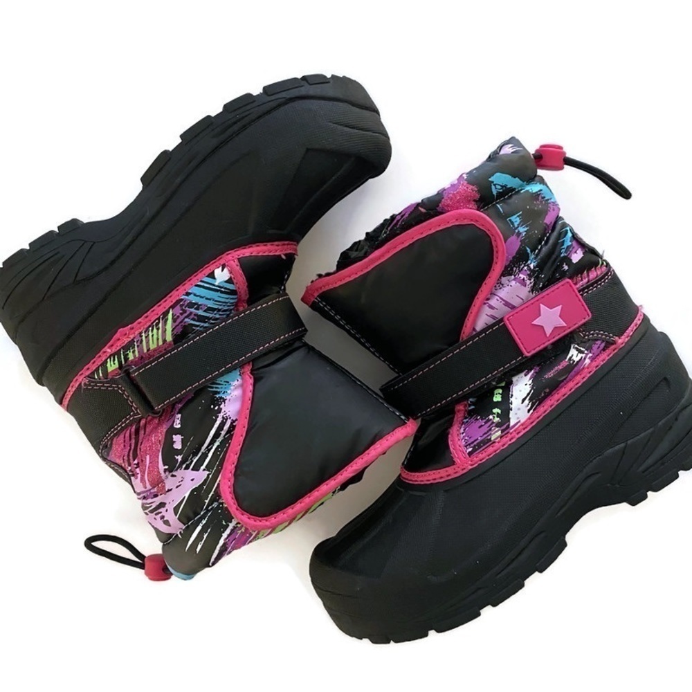 Athletech Snow Boots Size 3 Black Pink Slip On Adjustable Winter
